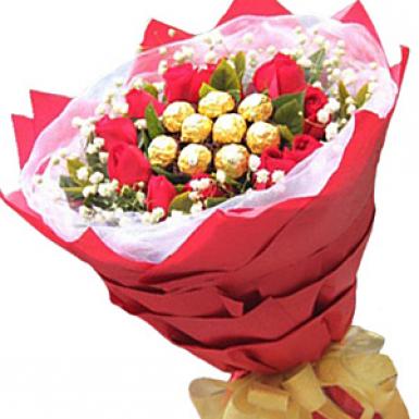 Belgian Delight For Mom - Ferraro Rocher with Roses Bouquet