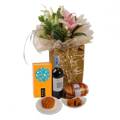 Winery Treat - Mooncake Gift & Wine with Lilies Bouquet