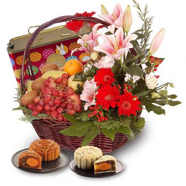 Fruity Feast- Mooncake Gift with Fruits Basket and Flowers