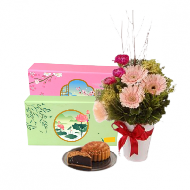 Sweet Reverie- Durian Lava Mooncake Gift with Gerberas Flowers