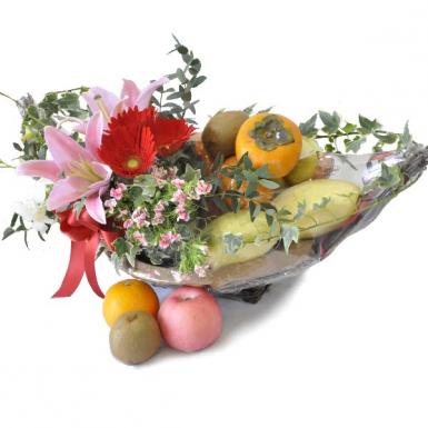 Fruity Fresh - Fruits Basket with Lilies Flowers