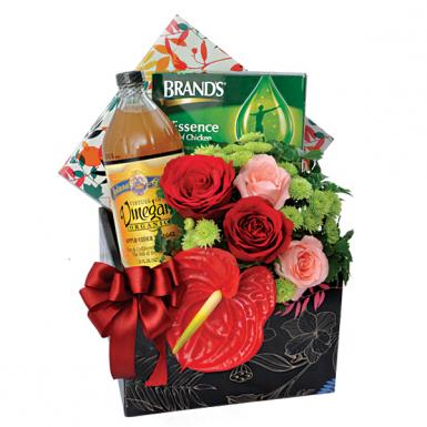 Recovery Wishes - Brands Chicken of Essence Get Well Hamper with Flowers