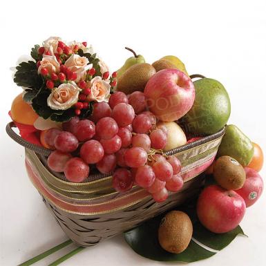 Summer Treats - Fresh Fruits Basket Hamper with Roses