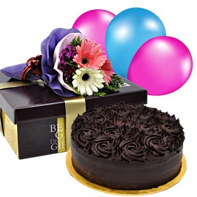 Fenneli Death By Chocolate Cake with Balloons and Flowers