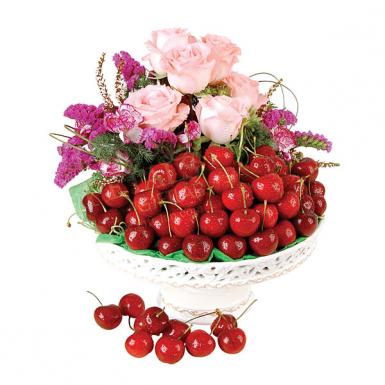 Sweet Cherries - Cherry Fruits Tray with Flowers