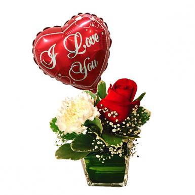 Rosy Love - Single Rose with I Love You Balloon