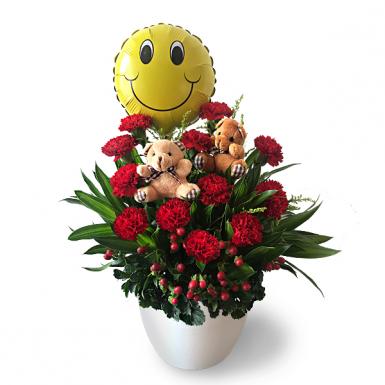 Smiley Balloon Be Happy - Carnations Flower Posy Greeting
