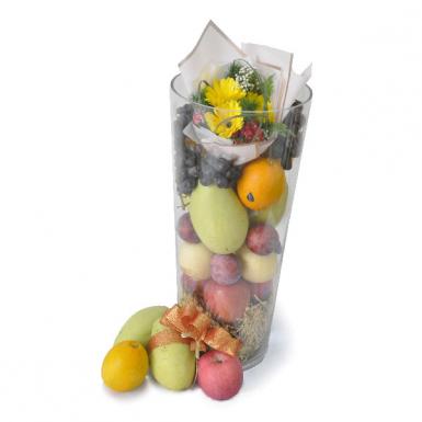 Fruity Damasque Glass Vase - Fruits Hamper with Gerberas Posy Gift