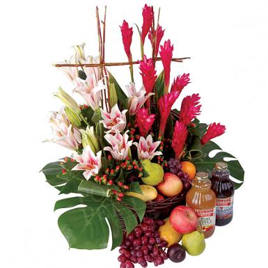 Fruity Start - Fresh Fruits Basket Hamper with Flowers