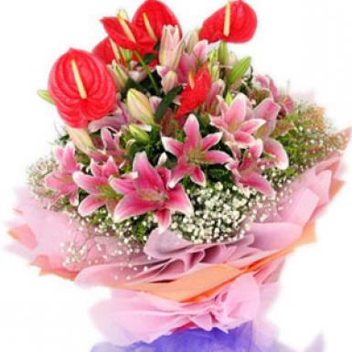 STAR ANTHURIA - ANTHRURIUM FLOWERS WITH STARGAZER LILIES BOUQUET