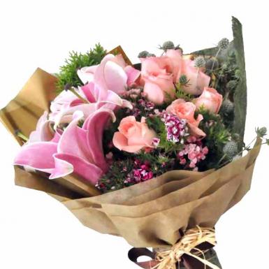 Lilarosa - Stargazer Lilies with Roses Hand Bouquet
