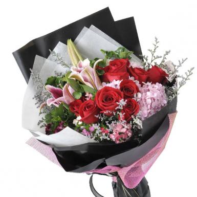 Mariposa - Stargazer Lilies with Red Roses Hand Bouquet