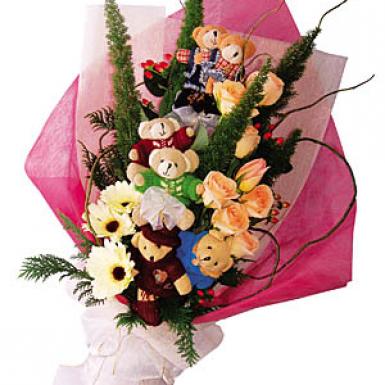 CUTESY DELIGHT - BEAR BOUQUETS WITH ROSES GERBERAS