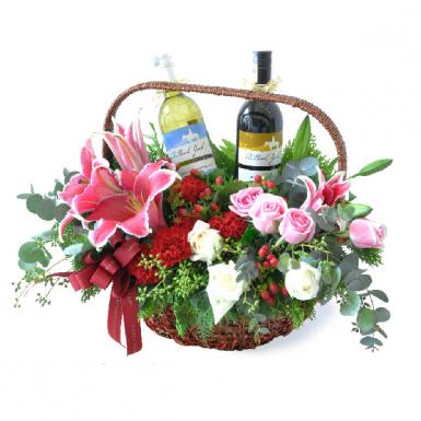 Double Charm - Red & White Australian Wines Flowers Basket