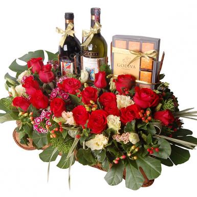 Carres Supreme - Godiva Chocolates with Wines and Roses Basket