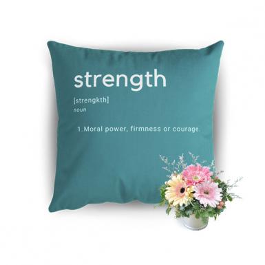 Strength - Bear & Orion Inspiring Definition Pillow Gift with Gerberas