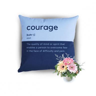 Courage - Bear & Orion Inspiring Definition Pillow Gift with Gerberas