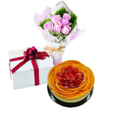 Berry Peachy Mango Cheese Vegetarian Cake with Posy of Roses