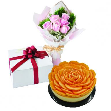 Peachy Mango Cheese Cake - Vegetarian Gift with Roses
