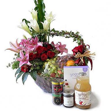 Orchard Fresh - Fruits Basket with Organic Honey, Lakewood Apple Juice, Flowers