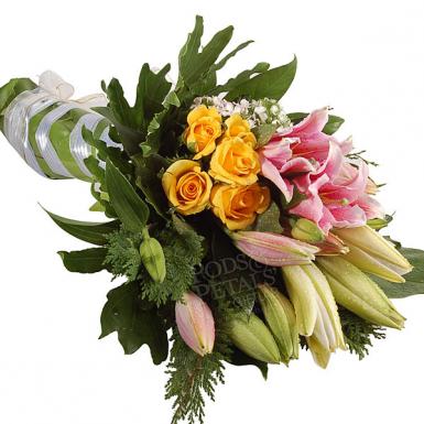 LOVE VOWS - STARGAZER LILY WITH ROSES HAND BOUQUET
