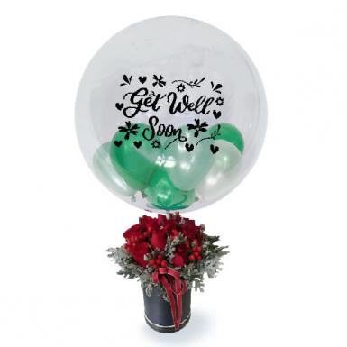 Get Well Blooming Balloons in Belon Roses Bouquet Box