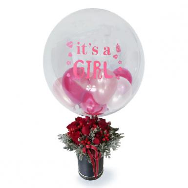 Baby Girl Blooming Balloons in Belon Roses Bouquet Newborn Box