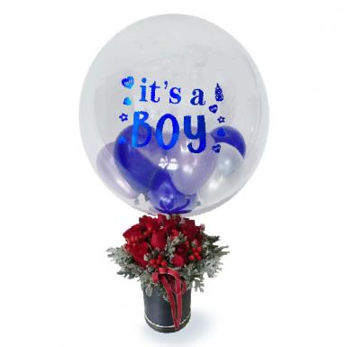 Baby Boy Blooming Balloons in Belon Roses Bouquet Newborn Box