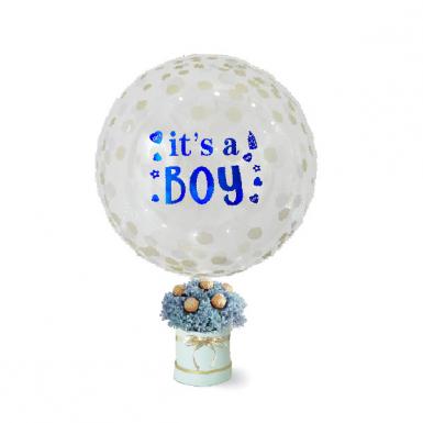 Sparkly Baby Boy Confetti Balloon with Baby Breath Flower Box