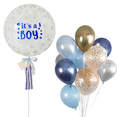 Deluxe Helium Balloon Bunch - New Baby Boy Metallic Latex Belon Bouquet