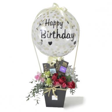 Godiva Birthday Joy - Godiva Chocolate Tablets with Confetti Hot air Balloon & Fresh Flowers