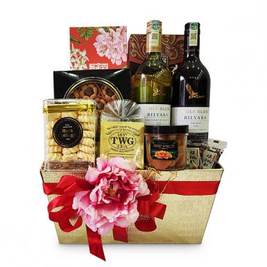 Hibiscus Oriental Hamper Basket - CNY Cookies, Wines, Almond Cake