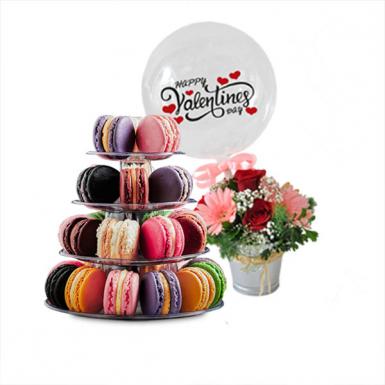 Macaron Valentine Tower - Love Struck Macaroon Tower with Flowers Balloon