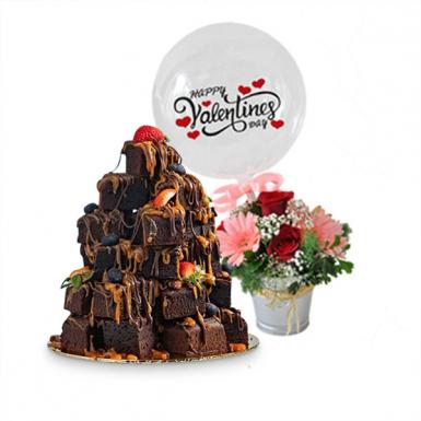 Fudgy Chocolaty Brownies Valentine Stacked Love Cakes with Flowers Balloon