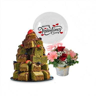 Japanese Macha Brownies Cubes Tower with Flowers N Valentine Balloon