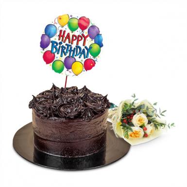 Chocolaty Bday - Warmest Death By Chocolate Cake with Roses N Birthday Balloon