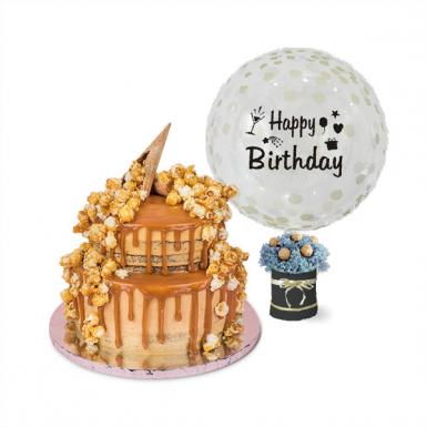 2 Tier Layered Designer Salted Caramel Chocolate Cake 4kg with Personalized Balloon, Ferraro N Flowe