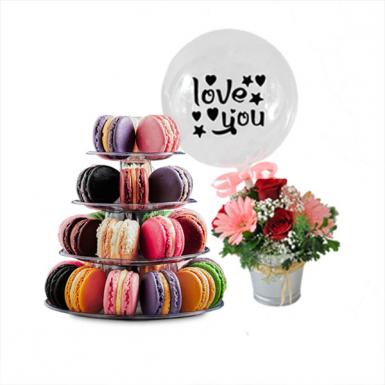 Macaron Love Tower - Love Struck Macaroon 25pcs Tower with Roses and Balloon