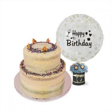 2-Tier Layered Lemon Poppyseed Cake 4kg with Personalized Balloon, Chocolates and Flowers