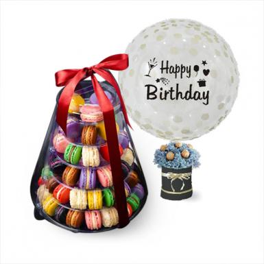 French Macaron Party Tower 50pcs with Personalized Balloon , Chocolate N Flowers