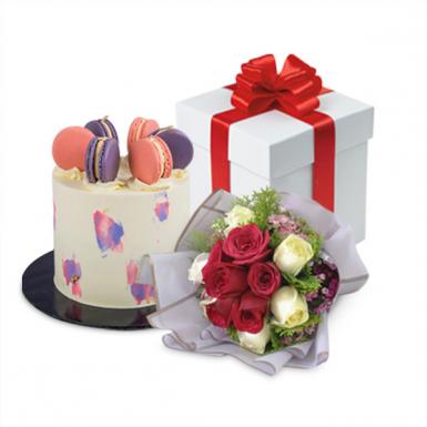 Ambrosia Day Macarons Caramel Chocolate Designer Cake - with Roses Bouquet