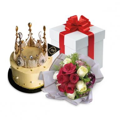 Dainty Princess Caramel Chocolate Gateaux - Roses Bouquet with Designer Cake