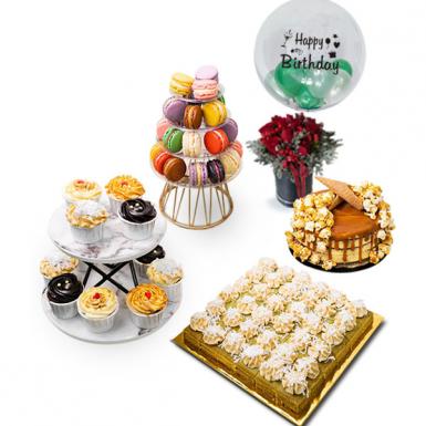 Grand Bonne Bouche - Dessert Feast Spread of Cupcakes, Macarons, Gateaux Cakes Balloon & Roses