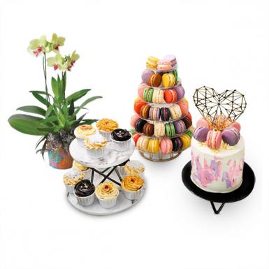 Deluxe Bonne Bouche - Dessert Cakes Table Spread of Macarons, Cupcakes, Gateaux Cakes and Orchid