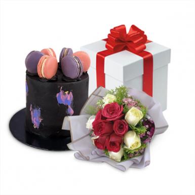 Ambrosia Night Macarons Sea-salt Caramel Chocolate Designer Cake - with Roses Bouquet