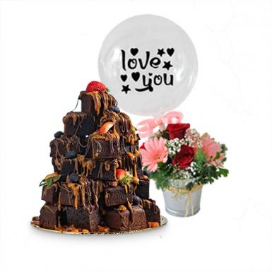Fudgy Chocolaty Brownies Love Stacked Love Cakes with Flowers Balloon
