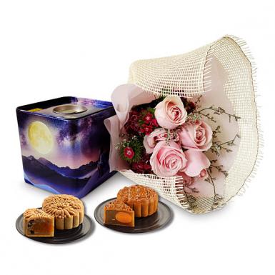 Rosy Mooncake - Durian Lava and Pure Lotus Moon Cake Gift with Roses
