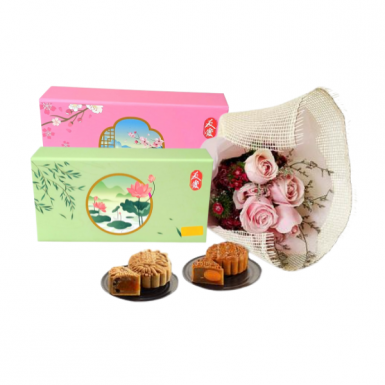 Rosy Mooncake - Tiramisu Walnut Mooncake and Durian Mung Bean Moon Cake Gift with Roses