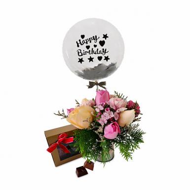 Rosy Royce Bday - Balloon, Roses & Royce Chocolate Gift