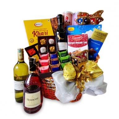 Yogyata Deepavali Indian Hamper Basket - Hennessy VSOP, Wines, Indian Cookies